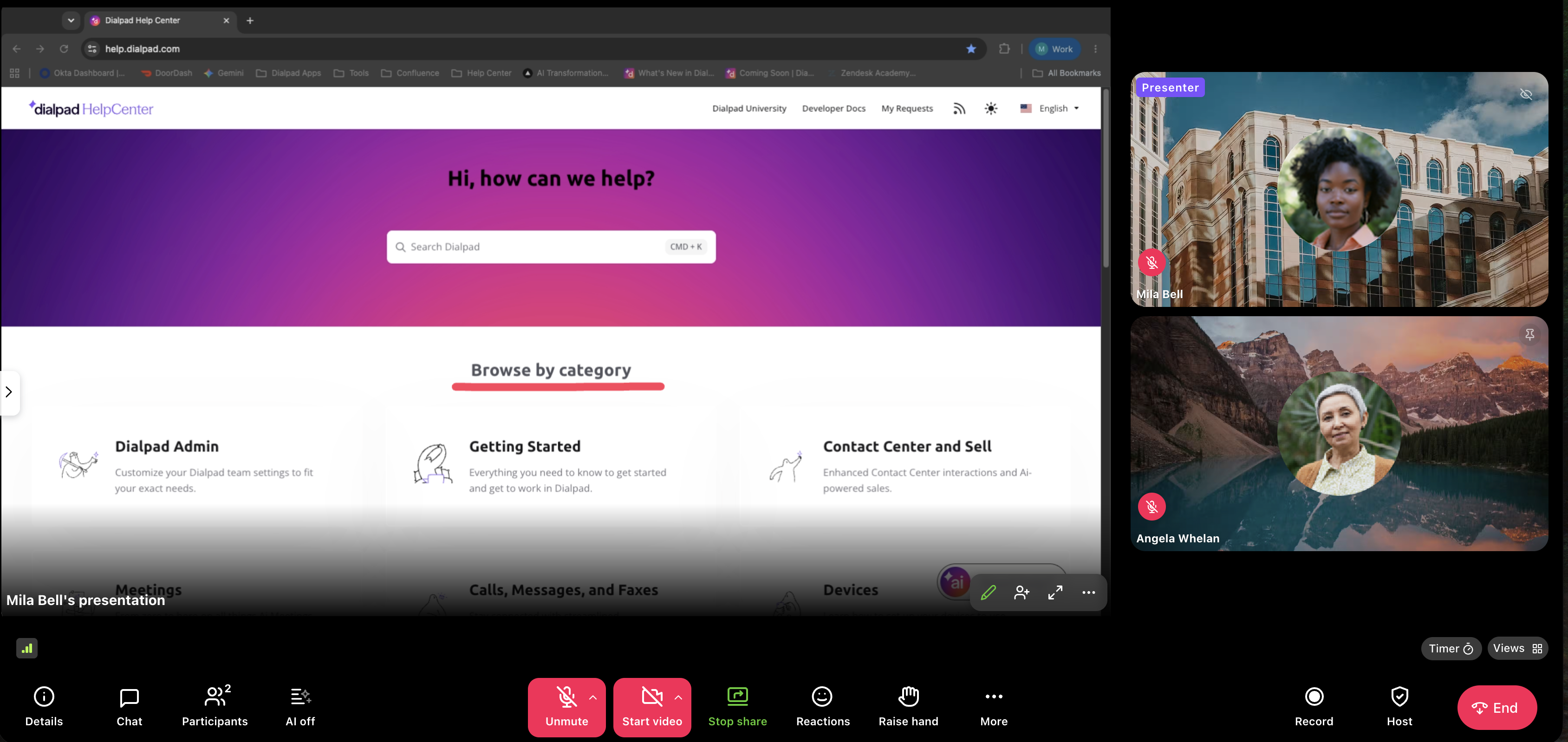 Dialpad Help Center interface showcasing categories for user assistance and search functionality.